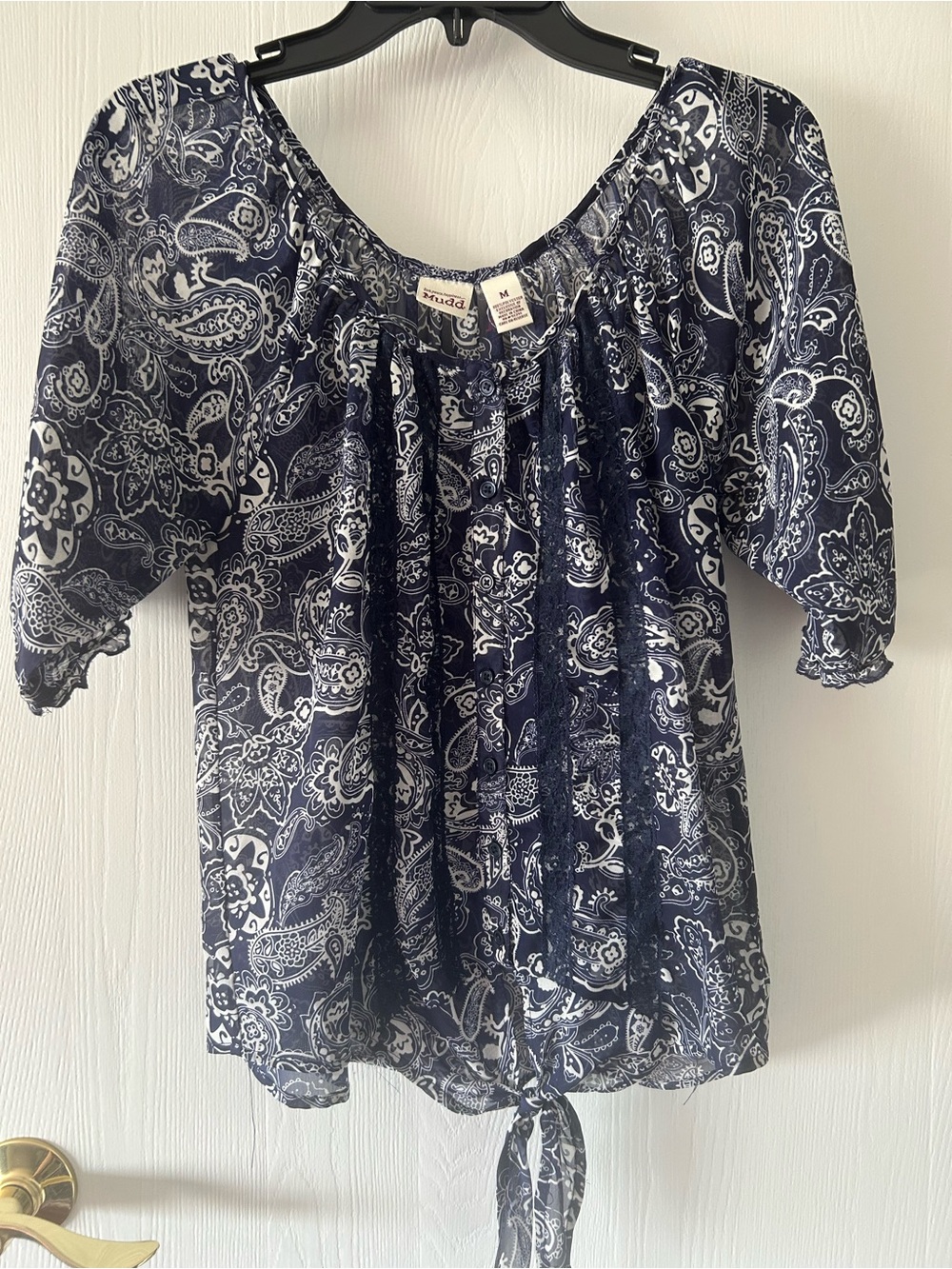 Mudd Navy and White Paisley Tie-Front Peasant Top